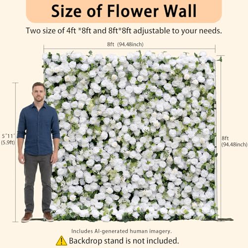 rosemorning 8x8FT White and Green Artificial Flower Wall Backdrop,5D Silk Flower Wall Panel for Wedding Party Birthday Baby Shower Photo Booth Decor Easy to Install Reusable - color: Eira-White, size: 8Ft*8Ft