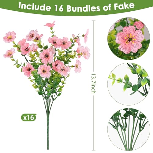 16PCS Fake Flowers for Outdoors, Realistic Fake Artificial Flowers for Outside, No Fade Faux Eucalyptus Plants for Outdoor Planter, Window Box, Hanging Basket - Porch Patio Garden Decor - color: Pk, size: 16PCS