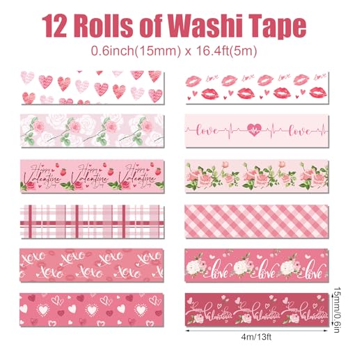12 Rolls Pink Heart Washi Tape Set, Love Heart Cute Masking Tape Decorative Paper Tape for DIY Craft Wrapping Scrapbook Envelope Birthday Wedding Tea Party Decor,16.4FT - color: I
