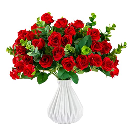 Artificial Flowers Fake Silk Rose for Decoration 33 Heads Small Roses Blooming Faux Flower Bouquet with Stem for DIY Vase Home Wedding Party 3 Pack Red - color: Red