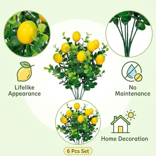 6Pcs Artificial Lemons, Faux Branches, Artificial Lemon Branches, Perfect for Home, Kitchen Table, Wedding Arrangements, Outdoor Courtyard and Office Desk Decoration