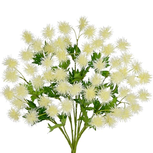 Hollyone 9 Heads White Dandelion Artificial Flowers 5Pcs Faux Dandelions Flowers Bush Arrangement Bouquets Fake Ball Mums Flower Stem for Indoor Home Decor Table Office Party Wedding Decoration - color: White