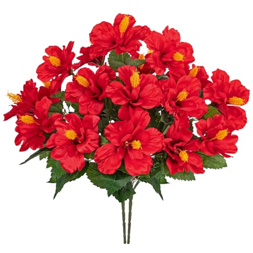 Briful 2 Bundles Artificial Hibiscus Flowers 16.9in, 9-Stem Short Faux Hibiscus Bouquet with Full Blooms, Silk Tropical Flowers for Vase, Table, Porch, Wedding, Indoor Outdoor Decor, Red - color: Red#942