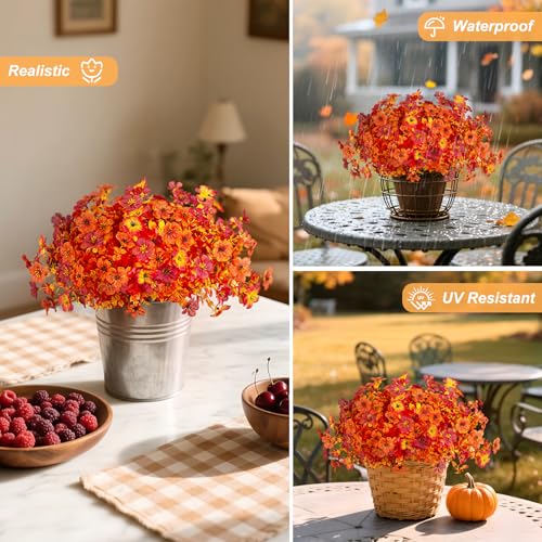 INXUGAO Artificial Fake Mums Fall Flowers for Outdoor Outside Decoration 12 Bundles Faux Silk Flowers Plants Realistic Daisy UV Resistant Fall Décor Autumn Front Door Porch Patio Yard Decoration - color: Y2-red Orange Sunset