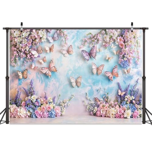 Purple Butterfly Floral Backdrop Elegant Flowers Photography Background for Girls Princess Butterfly Theme Birthday Baby Shower Events Party Decor Table Cake Photo Backdrops Photo Booth Prop - color: Purple, size: 5X3FT