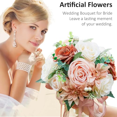 CYANLUX Wedding Bouquets for Bride Bridesmaid Bouquet Champagne White Artificial Roses Flowers for Wedding Valentine's Day Church Home Decoration… (Pink) - color: Pink