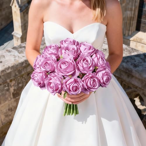 Ivydale 18pcs Pink Roses Artificial Flowers, Fake Roses Silk Flowers with Stems Realistic Bouquet for Mother's Day Wedding Party Home Decoration DIY Centerpiece Floral Romantic Gifts - color: Rose-pink
