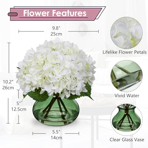 Hollyone White Hydrangeas Floral Arrangement in Glass Vase Artificial Flowers with Vase with Faux Water Silk Faux Flowers Fake Floral Bulk Bouquet for Home Decor Table Centerpiece Decorations - color: Hydrangea, White and Green
