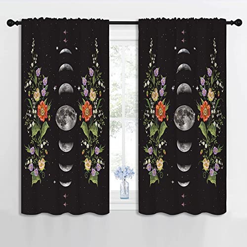 Boho Floral Flower Rod Pocket Blackout Curtains for Boy Girl Bedroom, Moon Phase Moonlit Garden Witchy Gothic Aesthetic Thermal Insulated Home Window Drapes for Living Room Darkening, 42x45 inch - color: Boho Floral Flower-001, size: 42"W x 45"L (Pack of