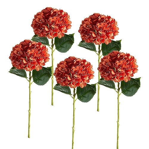 PARTY JOY 5PCS 15.4In Fall Decor Artificial Fall Flowers Bouquet Faux Hydrangea Stems for Wedding Centerpieces Fall Autumn Decorations for Home - color: Orange
