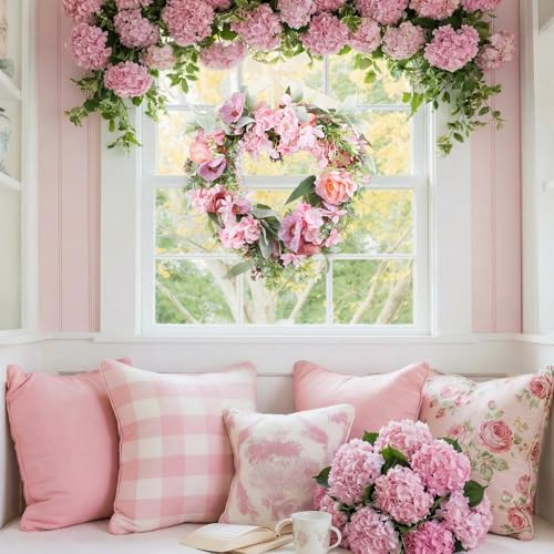 Suncalla 17.7 Inches Heart Shaped Hydrangea Wreath Pink Valentine's Day Floral Wreath with Ribbons Artificial Hydrangea Wreaths for Christmas Party Gifts Front Door Valentine's Day Wedding Decoration - style: Hydrangea