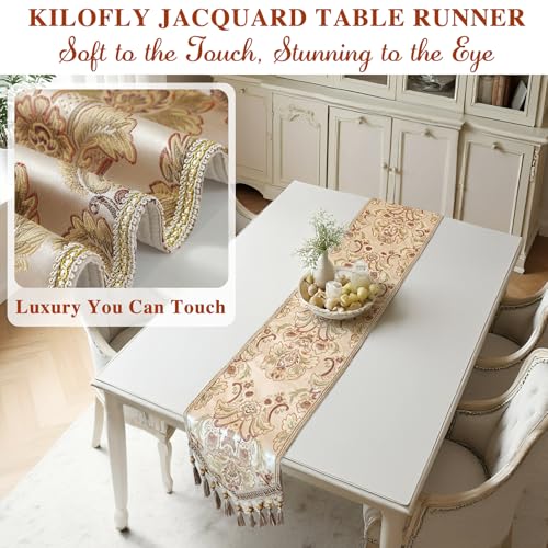 kilofly Elegant Floral Brocade Jacquard Table Runner Tassels (89 x 12 inches) - color: Khaki, size: 89*12 inch