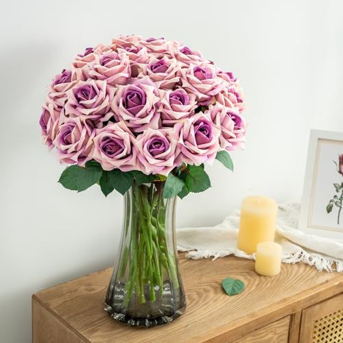 Ttranewsoo Fake Roses Faux Flowers Silk Roses Artificial Roses with Stems Realistic Artificial Flowers 24PCS Suitable for Indoor Home Decoration DIY Bouquet Wedding Decor Party Decor (Purple) 16.5In - color: Purple 24pcs