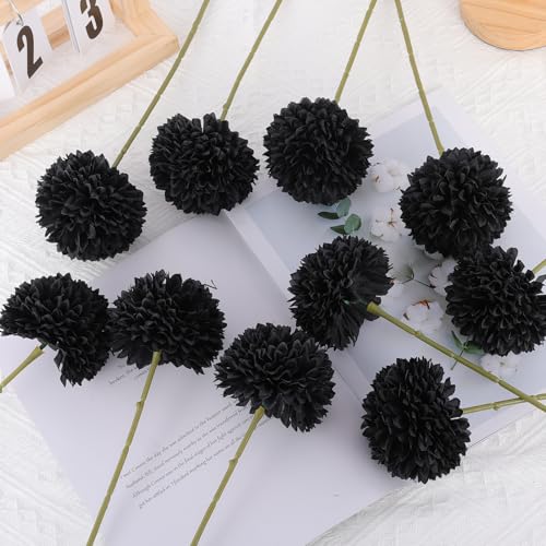 Rowfad 12 Pcs Black Artificial Chrysanthemums Flowers Silk Fake Mums Flowers for Halloween Ghothic Wedding Table Centerpiece Christmas Home Decor (12, Black) - color: Black