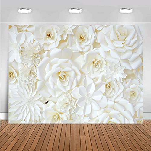 7x5ft White Roses Wall Photography Backdrop Wedding Bridal Shower Baby Shower Party Decoration White Roses Flowers Wall Art Photo Background Studio Photo Booth Props Vinyl