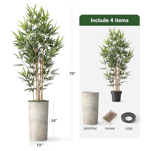 Artificial Tree in Off-White Texture Planter, Fake Bamboo Silk Tree for Indoor and Outdoor Home Decoration - 70" Overall Tall (Plant Pot Plus Tree) - style: Bamboo