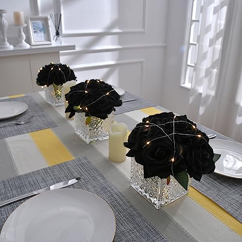 Fule Artificial Silk Rose Flower Centerpiece Arrangement in Glass Vase with LED Light for Home Wedding Decoration (Black) - color: Black