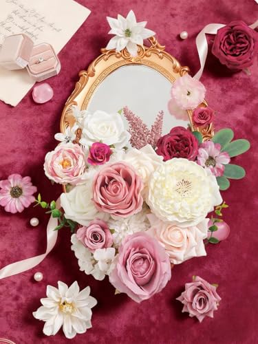 Artificial Flowers Box White Pink Silk Fake Roses with Stems for DIY Wedding Bridal Bouquets Floral Arrangement Table Centerpieces Cake Birthday Party Wreath Baby Shower Home Decor - color: White Pink