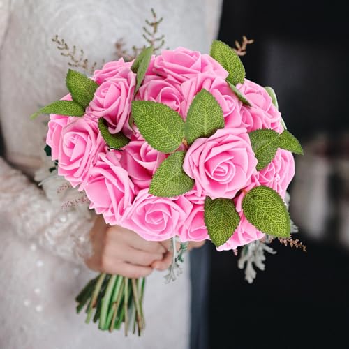 50 Pcs Artificial Foam Rose Flower Faux Bouquet Wedding Fake Rose Gift for Mother's Day Women DIY Bridal Shower Party Table Birthday Home Spring Decor (Bright Pink) - color: Bright Pink