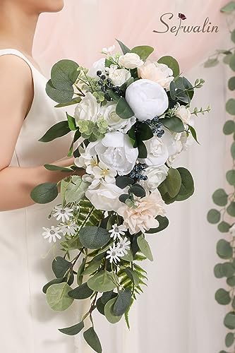 Serwalin 9.8 Inch Wedding Bouquets for Bride Bridesmaid, Forest White Peonies Bridal Bouquets for Bride, Wedding Flowers Bouquet Tossing Bouquet, Wedding Ceremony and Anniversary Day Decor - color: Bright Forest White