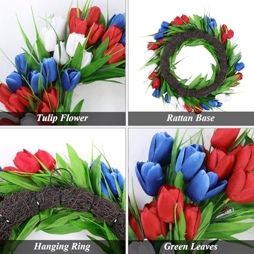 U'Artlines 20 Inch Tulip Patriotic Wreath for Front Door, 4th of July Summer Wreath with Green Leaves Red White Blue Tulip Flower Wreaths for Independence Day Anniversary Memorial Day Decor - color: Red White Blue, size: 20 Inch