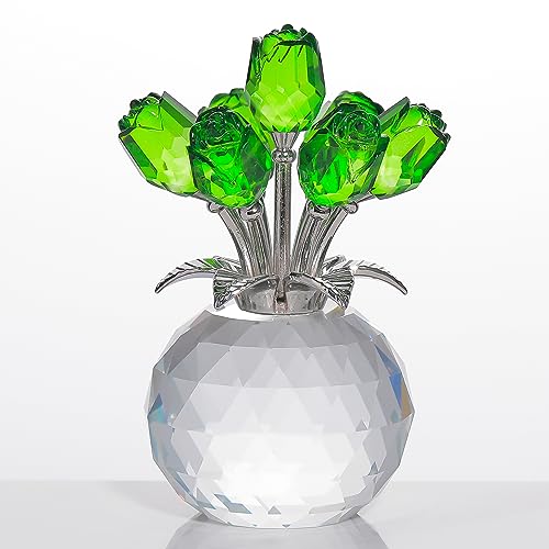 Green Rose Flower Crystal Figurine with Vase, Bouquet Flowers Ornament Gifts for Wife Girlfriend Women , Handmade Crystal Flower Collectible Home Table Decor for Valentine's Day Wedding Anniversary - color: Green -Crystal Rose