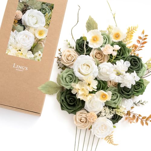Ling's moment Green Flowers Artificial, Emerald Green & Beige Flowers and Greenery Deluxe Combo Box Set for DIY Wedding Bridal Bouquet, Centerpieces, Home Decor, Floral Arrangement Decor, etc. - color: Grn-emerald & Tawny Beige, size: Deluxe