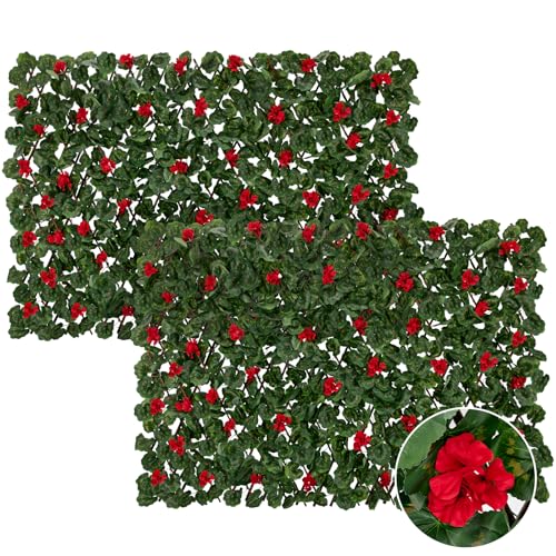 Expandable Fence Privacy Screen with Artificial Flower, Greenery Expandable Stretchable Covers Panel Privacy Fence for Balcony Patio Garden, Single Sided Leaves (Red Geranium, 2 Pack) - color: Red Geranium, size: 2 Pack