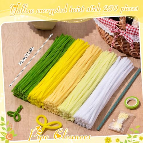 Peryiter 371 Pcs Pipe Cleaners Flowers Kit, Pipe Cleaners Chenille Stems Bulk with Floral Wire Gardening Tape Stamen, Fluffy Limpiapipas para Flores for DIY Mother's Day Decor(Light Yellow) - color: Light Yellow