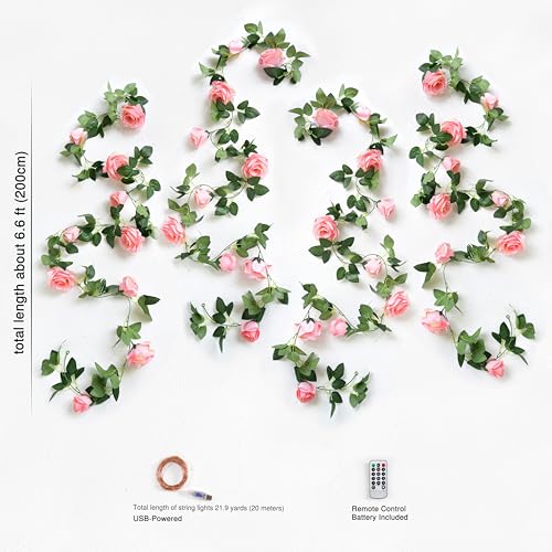 FiveSeasonStuff 29 Ft 4 Pack Amaranth Light Pink Rose Silk Flower Garland Artificial Flowers Decoration Hanging Floral with 66 feet String Lights - color: Amaranth Pink With String Lights