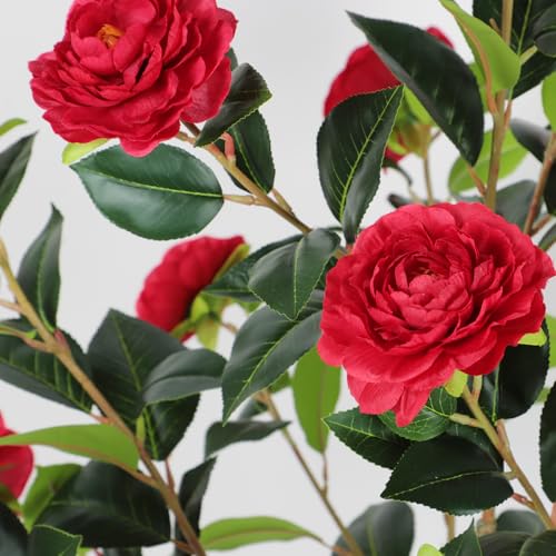 47” Artificial Camellia Tree with Blooming Red Flowers, Artificial Tree for Indoor Outdoor, Faux Camellia Tree for Modern Home Office Floor Porch Decor, Free Maintenance - color: Red