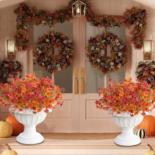 12Pcs Artificial Fall Flowers Mums for Outdoors, Fake Faux Plants Silk Colorful Flowers Eucalyptus Realistic UV Resistant for Outside Home Planter Porch Patio Yard Decor (12, Fall Orange 2 Colors) - color: Fall Orange 2 Colors