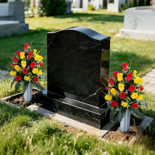XONOR 2 Sets Artificial Cemetery Flowers, Grave Decorations Roses, Memorial Flowers Bouquet with Vase for Grave Cemetery Decoration (Red&Yellow) - color: Red&yellow