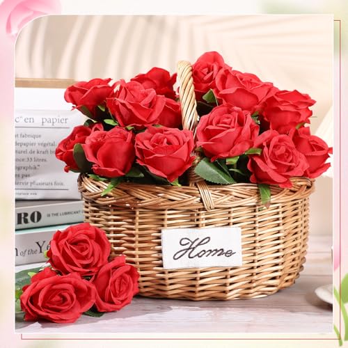 Lyrow 200 Pcs Artificial Roses Realistic Flowers Bulk Real Looking Fake Silk Rose Bouquets with Long Stem Flowers for Wedding Table Centerpieces Bridal Shower Party Home Garden Decor (Red) - color: Red
