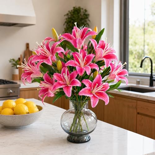 ATFL Artificial Lilies Flowers,9 Pcs Faux Lily Flowers,16''Tiger Lily Branches with 2 Full Blooms and 1 Bud,Faux Fake Lilies Plants for Wedding Bouquet Floral Arrangements (9, hot Pink) - color: Hot Pink