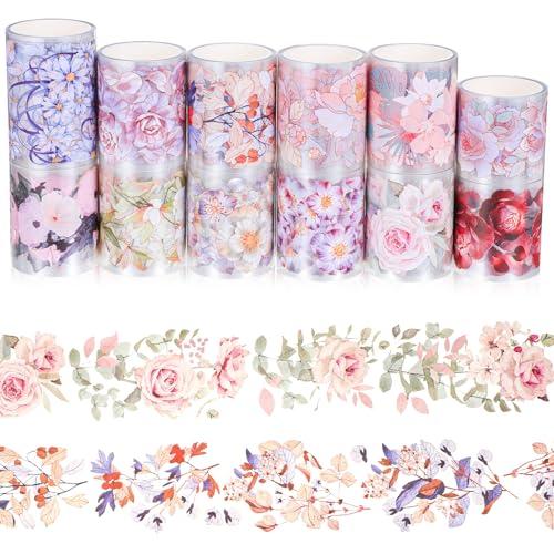 12 Rolls Floral PET Tape for Journaling and Scrapbooking Aesthetic Washi Tapes Floral Journaling Tape for Art Crafts, Aesthetic Washi Tapes Scrapbooking Supplies