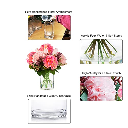 ENOVA FLORAL Tulip Real Touch Artificial Flower Arrangement with Vase, Mixed Dahlia Silk Flower in Vase for Dining Table Decorations, Wedding Centerpiece (Pink) - color: T& Dahlia Pink