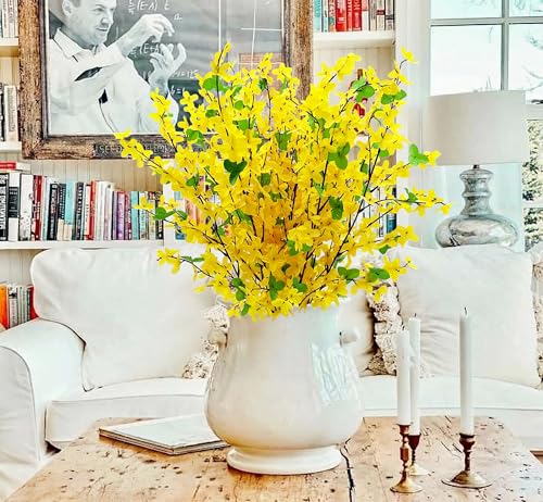 10PCS Artificial Forsythia Flowers Fake Forsythia Stem 25.5" Silk Yellow Winter Jasmine Branches Artificial Orchids Flower for Home Table Wedding Graveyard Kitchen Office Decoration. - color: Yellow-10