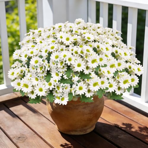 12 Bundles Artificial Daisies Flowers Outdoor Fake Plants White Daisy Fake Foliage Greenery Faux Plants for Graves Hanging Outside Planter Window Box Wedding Decoration (Creamy White) - color: Creamy White