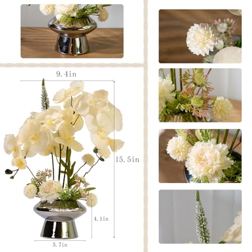 LESING Fake Orchids Flowers Arrangement in Pot,Faux Silk Orchid Artificial Flower Plant with Ceramic Vase for Table Home Decor (Silver Vase,White) - color: Silver Vase,white