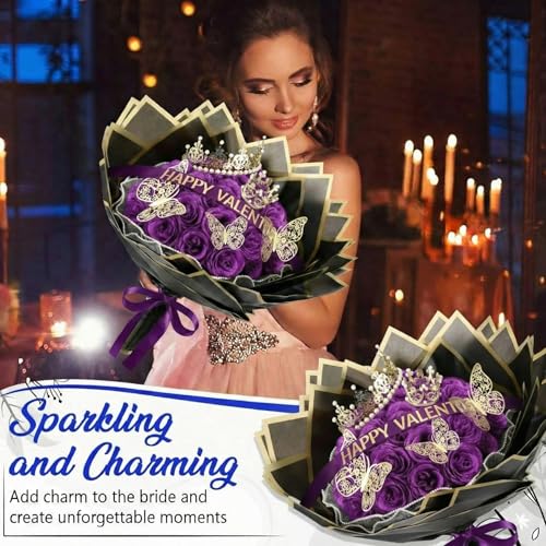 Thiccywoov 36 Pcs Glitter Roses Bouquet Graduation Artificial Rose DIY Flower Bouquet Kit Flower Wrapping Paper 3D Butterflies Crowns for Mom Mother Teacher Birthday (Purple) - color: Purple