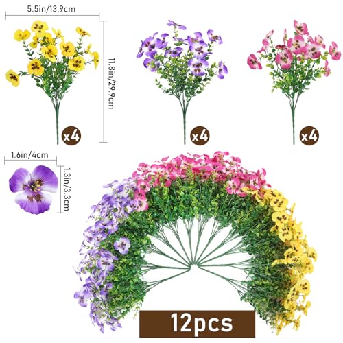 Artificial Pansies Flowers for Outdoor Faux Flower Spring Summer Decor, 12 Bundles Realistic Fake Silk Flowers Outside UV Resistant for Porch Patio Garden Home Window Box Planter Rose Purple Yellow - color: Rose Purple Yellow
