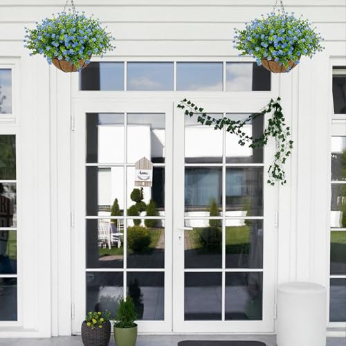 NETAP Artificial Hanging Flowers Basket for Outdoor, 16 Fake Flowers Look Real UV Resistant, Faux Hanging Plants for Porch, Balcony, Patio, Garden, Spring Summer Decor,Blue - color: Blue