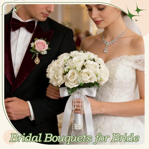 Wowagoga 12 Inch Wedding Bouquet with Pearl Crystals Ribbons,Artificial Rose Flower for Bride Bridesmaids Artificial Fake Flowers Fake Flowers Toss Bouquet for Wedding Party Church(White)