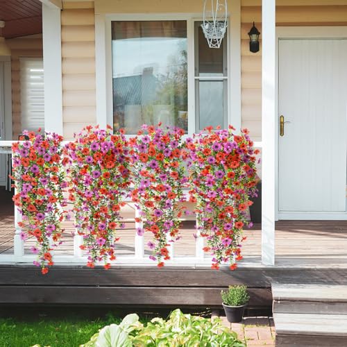 ZFProcess Artificial Hanging Flowers Plants for Outdoor Spring Summer Decoration,2PCS Faux Silk Daisy UV Resistant Look Real for Outside Home Indoor Planter Porch Window Yard Decor(Red Purple) - color: Z Red Purple