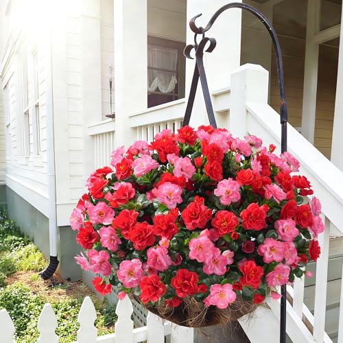 Artificial Faux Outdoor Flowers Plants for Spring Summer Decoration, Fake Silk Camellia UV Resistant Look Real for Planter Outside Front Door Porch Patio Balcony, 3 Large Bundles (Melon Red+Red) - color: Melon Red+red