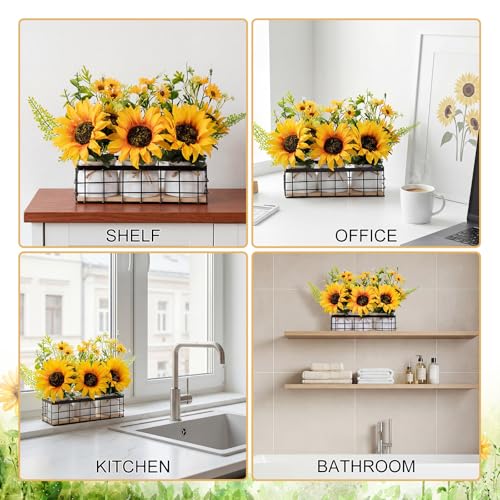 AceOrbit 3 Pcs Artificial Sunflower Potted Plants with Wire Tray Farmhouse Faux Sunflowers for Kitchen Table Centerpieces Fake Yellow Flowers in Rustic Pots for Dining Home Bathroom Wedding (Trendy) - style: Trendy