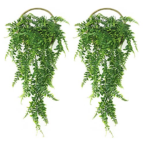 Fake Hanging Plants Artificial Vine, Plastic Ivy Greenery Christmas Garland Faux Boston Ferns Leaves Vines Home Garden Outdoor Indoor Party Wedding DIY Bedroom Wall Decor Decoration - Green 2 Pack - color: Boston Ferns Vines/ 2 Pack