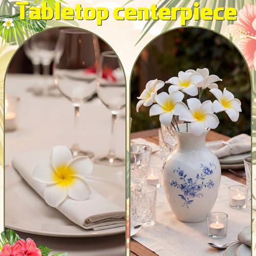 Tigeen 30 Pcs Hawaiian Plumeria Frangipani Artificial Flowers Fake Tropical Flowers with Stems for DIY Birthday Gifts Wedding Home Hawaiian Party Decor Table Centerpiece (Yellow) - color: Yellow