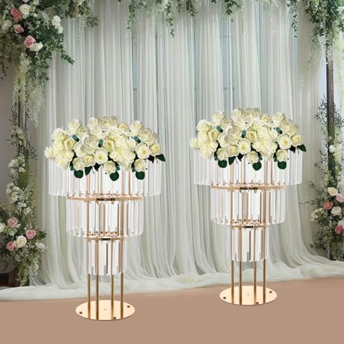 2Pcs 3 Tiers Wedding Centerpieces Vase, 28.34" Tall Wedding Centerpieces Crystal Flower Stand, 3-Tier Crystal Vase with 11" Round Base for Party Event Home Decoration (Gold) - color: 3 Tiers+gold+11"round Base